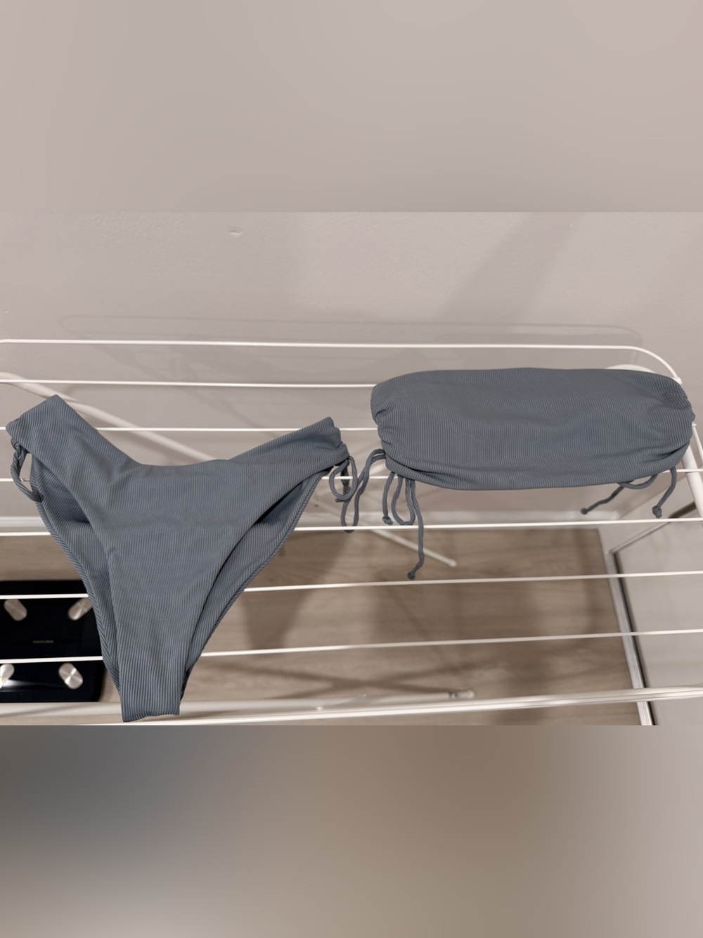 Ribbed Slate Blue Bikini Set with Drawstring